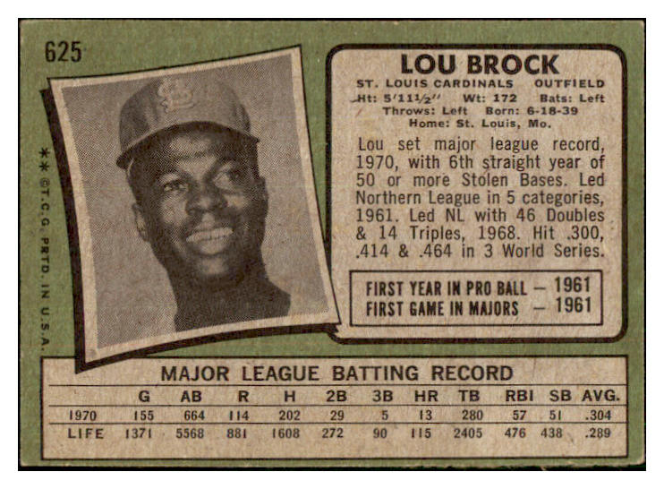 1971 Topps Baseball #625 Lou Brock Cardinals VG-EX 511564