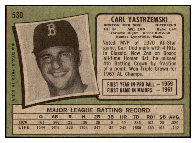 1971 Topps Baseball #530 Carl Yastrzemski Red Sox EX-MT 511574