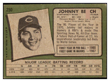 1971 Topps Baseball #250 Johnny Bench Reds Good 511575