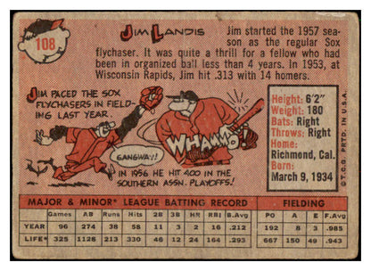 1958 Topps Baseball #108 Jim Landis White Sox VG Yellow Letter 512730