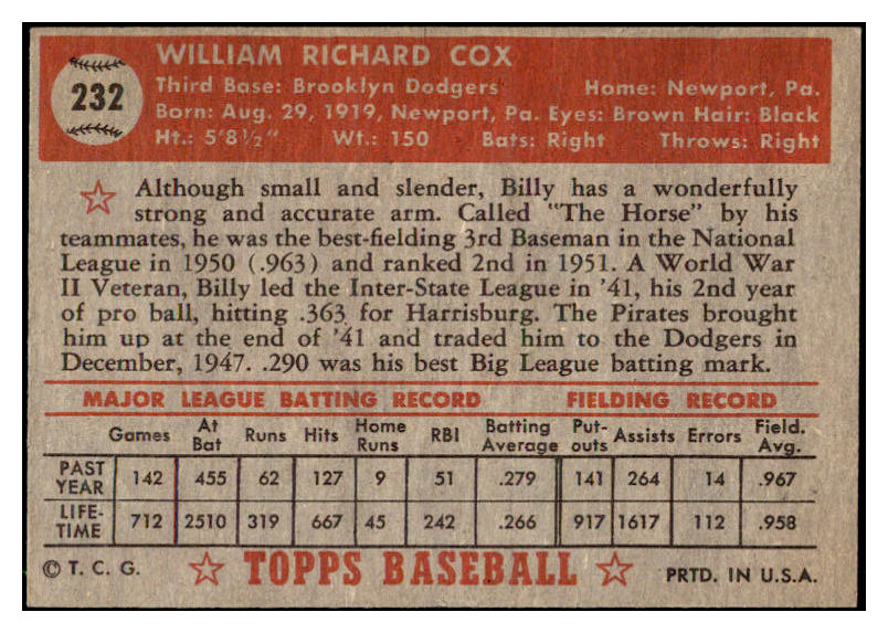 1952 Topps Baseball #232 Billy Cox Dodgers GD-VG 512918
