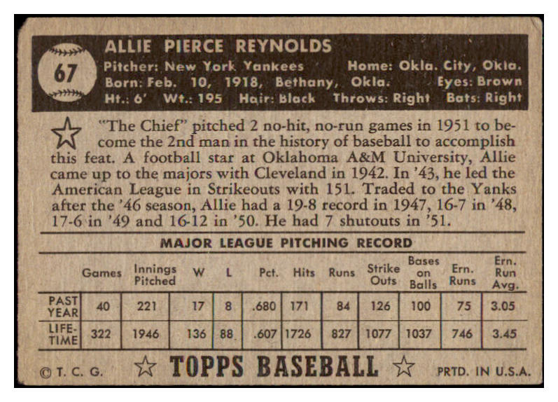 1952 Topps Baseball #067 Allie Reynolds Yankees Good Black 512929