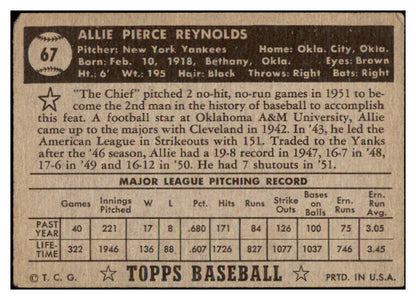 1952 Topps Baseball #067 Allie Reynolds Yankees Good Black 512929