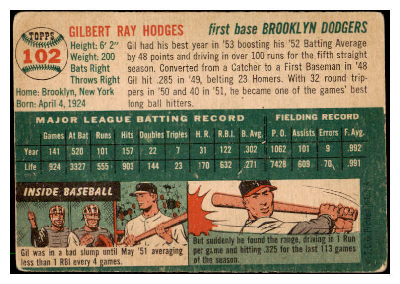 1954 Topps Baseball #102 Gil Hodges Dodgers VG 512943