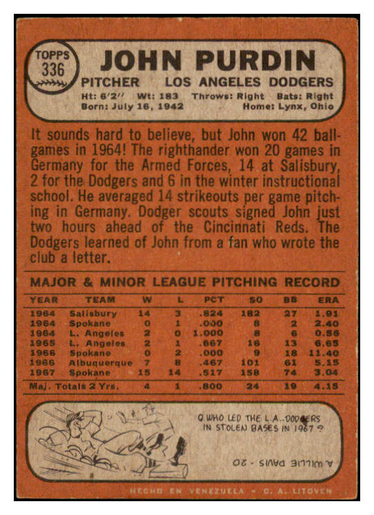 1968 Topps Venezuelan #336 John Purdin Dodgers VG-EX 513147