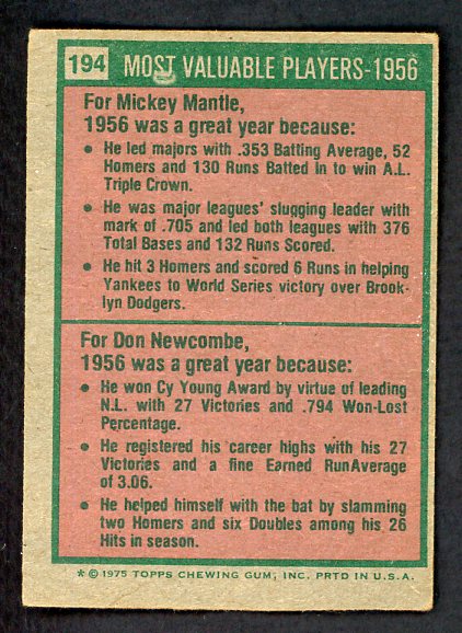 1975 Topps Baseball #194 Mickey Mantle Don Newcombe VG-EX 513320