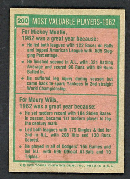 1975 Topps Baseball #200 Mickey Mantle Maury Wills EX-MT 513326