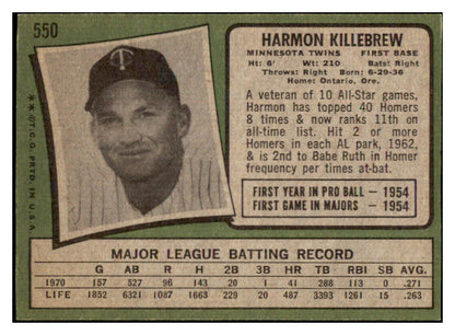 1971 Topps Baseball #550 Harmon Killebrew Twins EX 513357