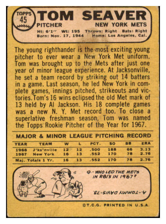 1968 Topps Baseball #045 Tom Seaver Mets VG 513372