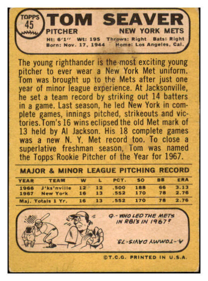 1968 Topps Baseball #045 Tom Seaver Mets VG 513372