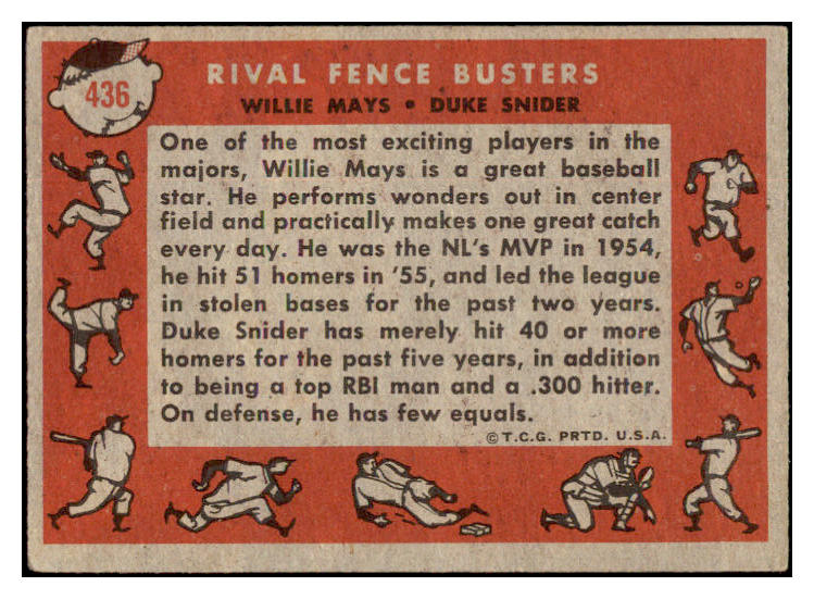 1958 Topps Baseball #436 Willie Mays Duke Snider VG-EX 513429
