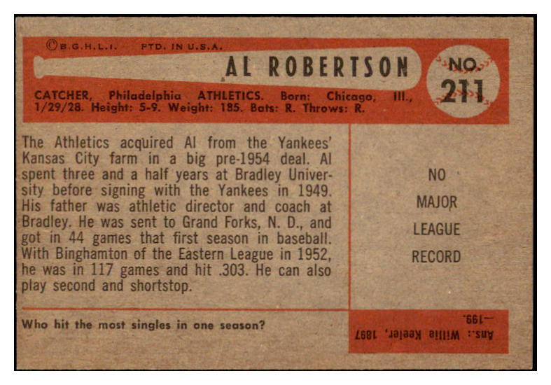 1954 Bowman Baseball #211 Al Robertson A's EX-MT 513536