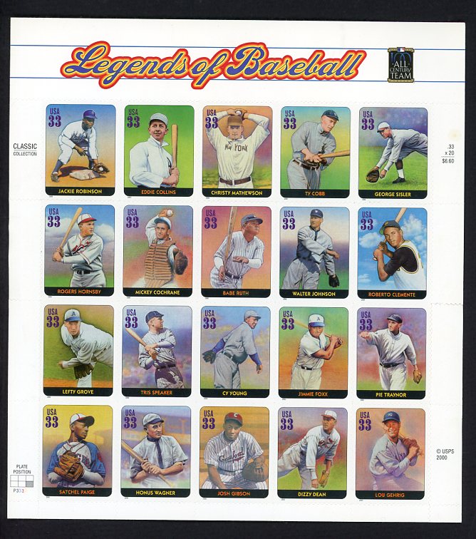 2000 USPS Legends Of Baseball Sheet Of 20 VG-EX Ruth Cobb 513777