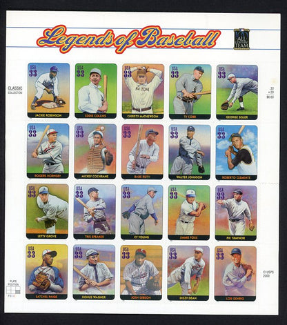 2000 USPS Legends Of Baseball Sheet Of 20 VG-EX Ruth Cobb 513777