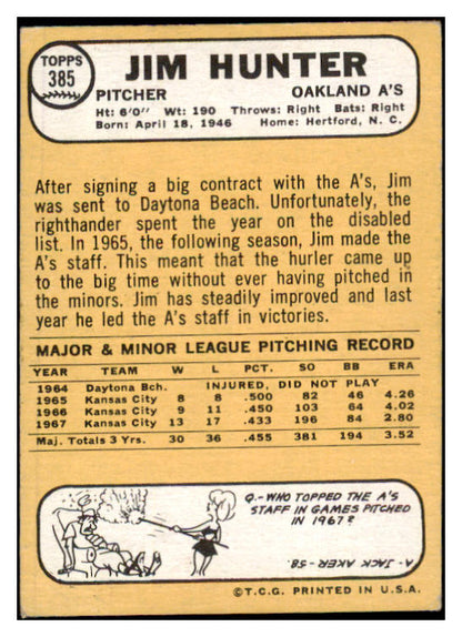 1968 Topps Baseball #385 Catfish Hunter A's VG-EX 514375