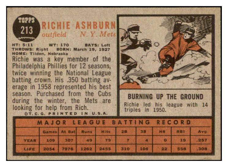 1962 Topps Baseball #213 Richie Ashburn Mets EX-MT 514411