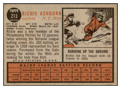 1962 Topps Baseball #213 Richie Ashburn Mets EX-MT 514411
