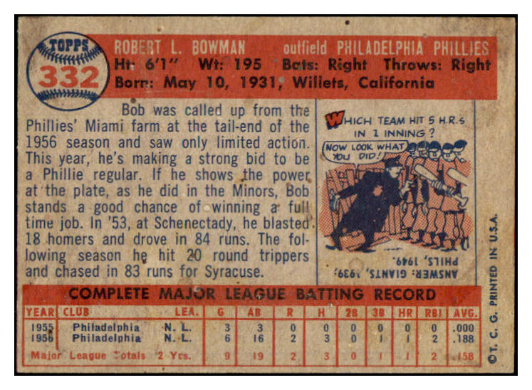 1957 Topps Baseball #332 Bob Bowman Baseball Phillies EX-MT 514543