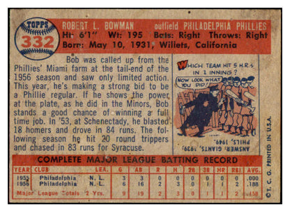 1957 Topps Baseball #332 Bob Bowman Baseball Phillies EX-MT 514543