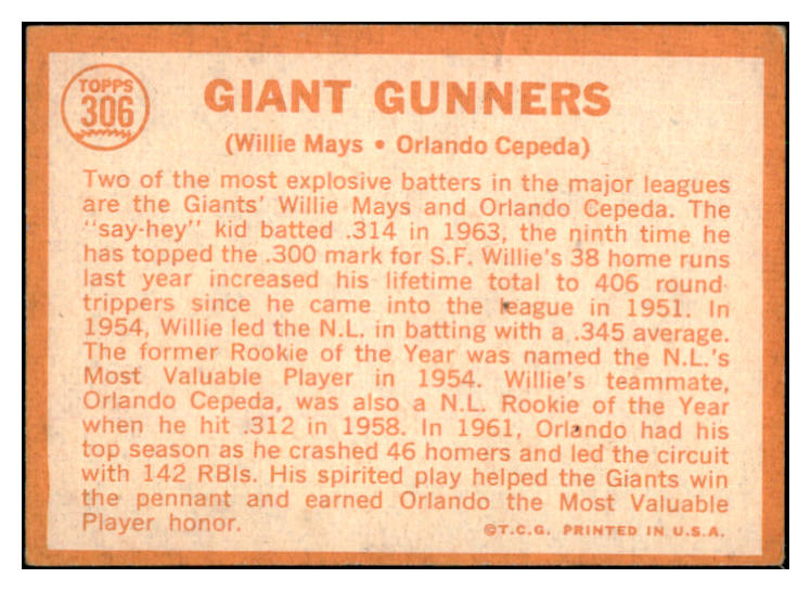 1964 Topps Baseball #306 Willie Mays Orlando Cepeda VG-EX 514591