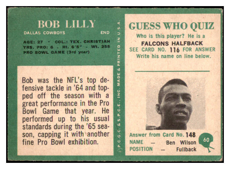 1966 Philadelphia Football #060 Bob Lilly Cowboys EX 514852