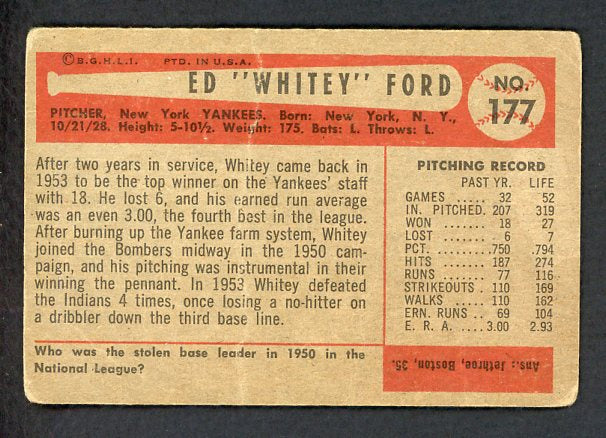 1954 Bowman Baseball #177 Whitey Ford Yankees FR-GD 515029