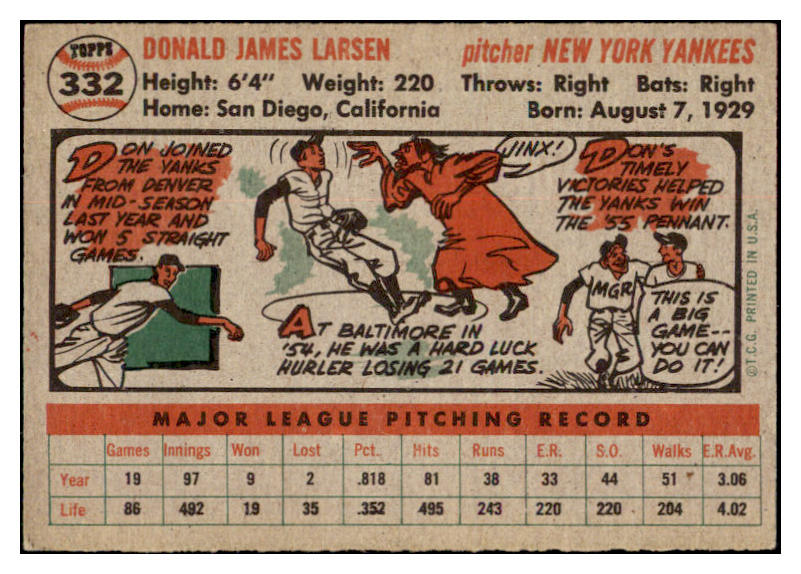 1956 Topps Baseball #332 Don Larsen Yankees EX-MT 515088
