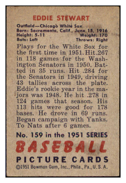1951 Bowman Baseball #159 Eddie Stewart White Sox EX 515092