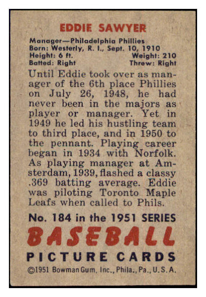 1951 Bowman Baseball #184 Eddie Sawyer Phillies EX-MT 515118