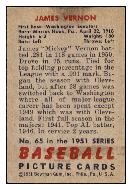 1951 Bowman Baseball #065 Mickey Vernon Senators VG-EX 515122