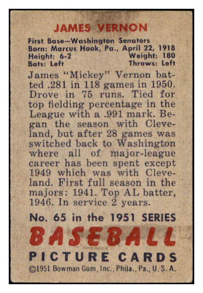 1951 Bowman Baseball #065 Mickey Vernon Senators VG-EX 515122