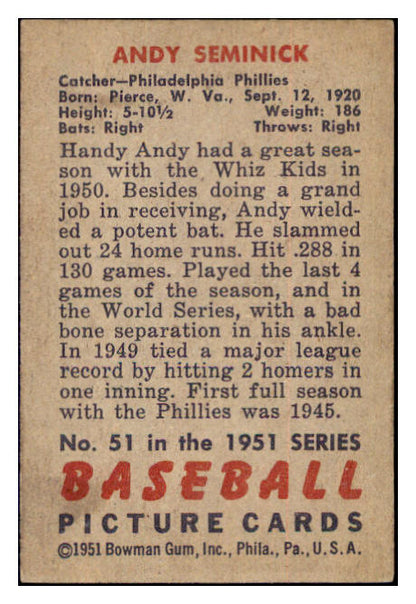 1951 Bowman Baseball #051 Andy Seminick Phillies EX 515143