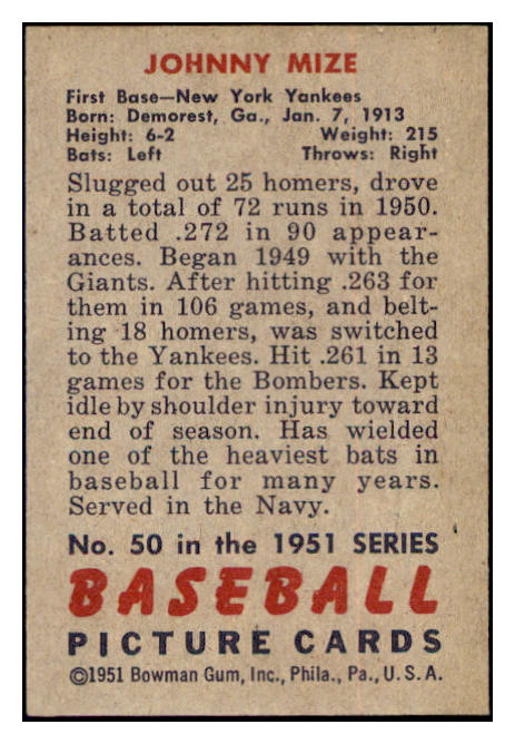 1951 Bowman Baseball #050 Johnny Mize Yankees EX-MT 515160