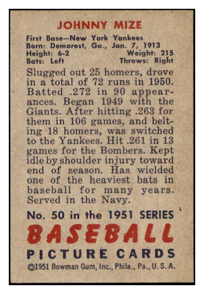 1951 Bowman Baseball #050 Johnny Mize Yankees EX-MT 515160