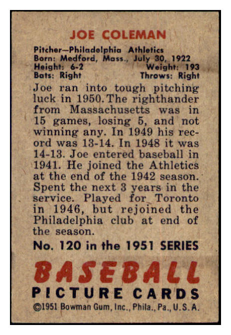 1951 Bowman Baseball #120 Joe Coleman A's EX 515178