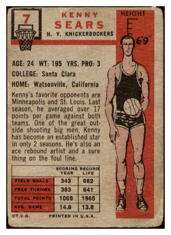 1957-58 Topps Basketball #007 Kenny Sears Knicks FR-GD 515238