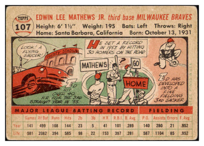 1956 Topps Baseball #107 Eddie Mathews Braves Good White 515585