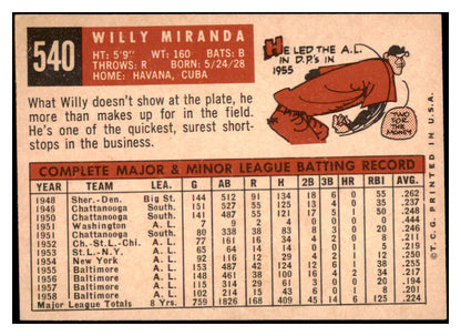 1959 Topps Baseball #540 Willie Miranda Orioles EX 515912