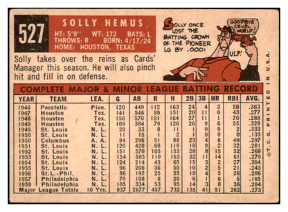 1959 Topps Baseball #527 Solly Hemus Cardinals VG-EX 515926