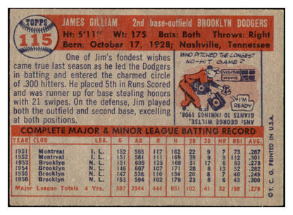 1957 Topps Baseball #115 Jim Gilliam Dodgers EX-MT 516152