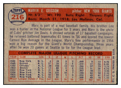 1957 Topps Baseball #216 Marv Grissom Giants EX-MT 516168