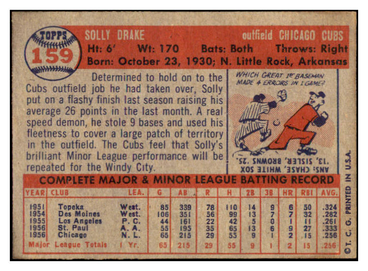 1957 Topps Baseball #159 Solly Drake Cubs EX-MT 516211