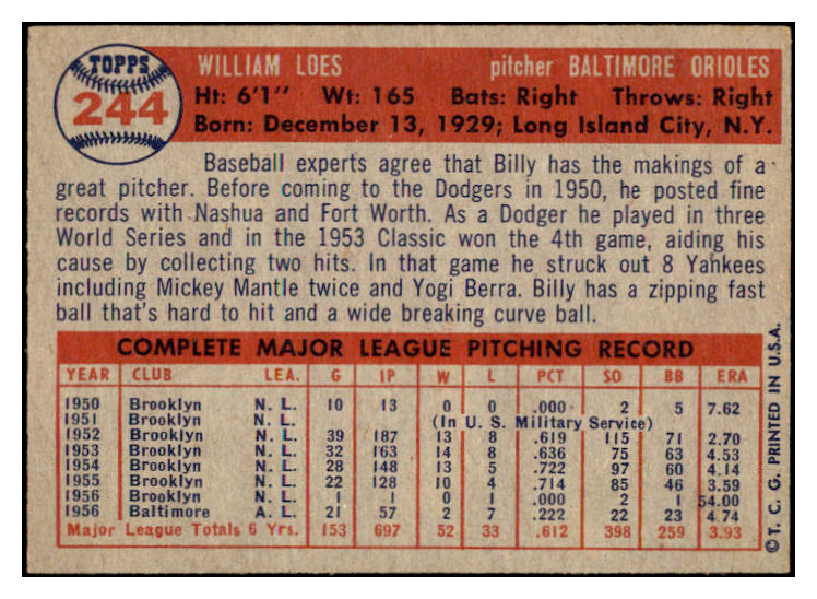 1957 Topps Baseball #244 Billy Loes Orioles EX-MT 516222
