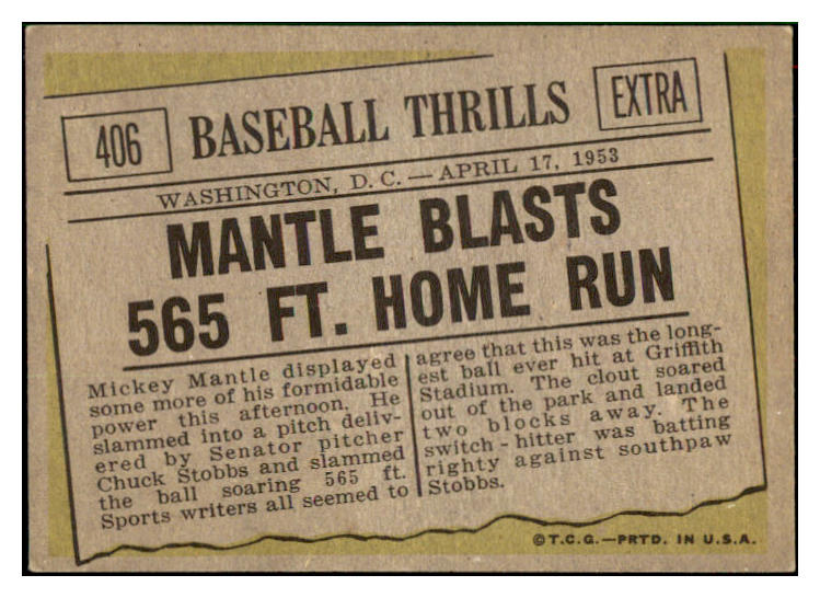 1961 Topps Baseball #406 Mickey Mantle IA Yankees NR-MT 516511