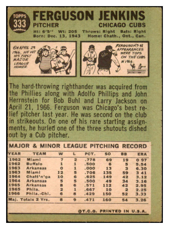 1967 Topps Baseball #333 Fergie Jenkins Cubs VG-EX 516580