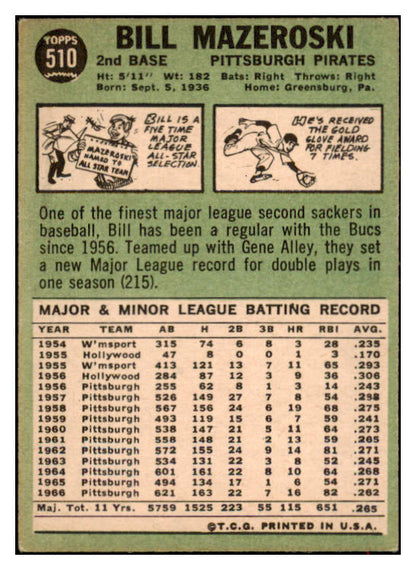 1967 Topps Baseball #510 Bill Mazeroski Pirates EX 516603