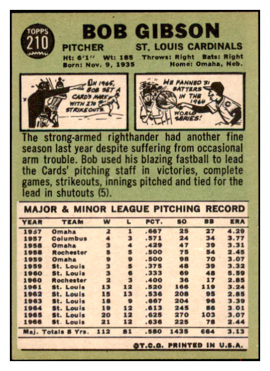 1967 Topps Baseball #210 Bob Gibson Cardinals NR-MT 516620