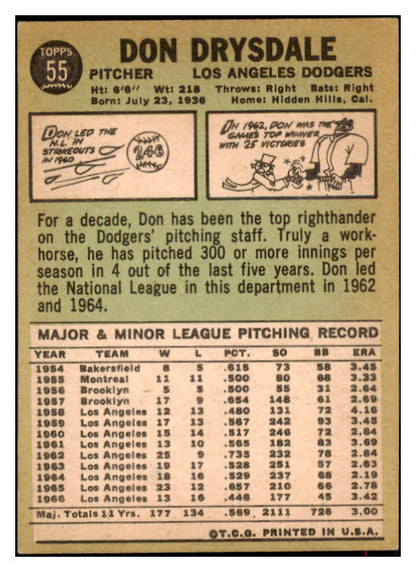 1967 Topps Baseball #055 Don Drysdale Dodgers EX-MT 516945