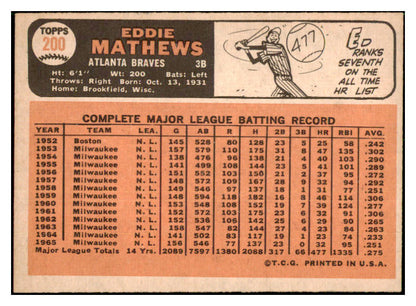 1966 Topps Baseball #200 Eddie Mathews Braves EX-MT 517522