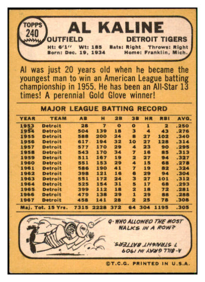 1968 Topps Baseball #240 Al Kaline Tigers NR-MT 517570